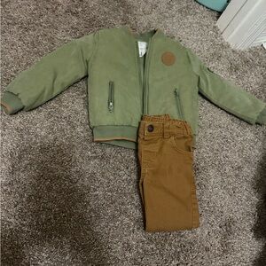 Green Bomber Jacket and Brown Pants Set